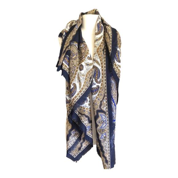 Vintage 1950’s - 1960’s Navy Taupe Ivory Paisley Floral Print Scarf Preowned - Picture 1 of 15
